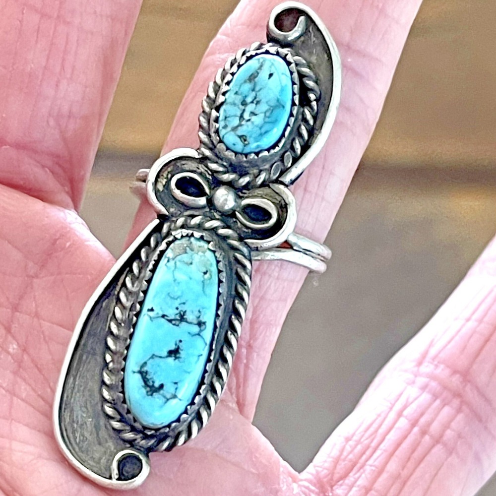 Long Navajo Nugget Turquoise Ring Sz 8 Signed Sterling‎ 8.6g VTG Mid Century 60s